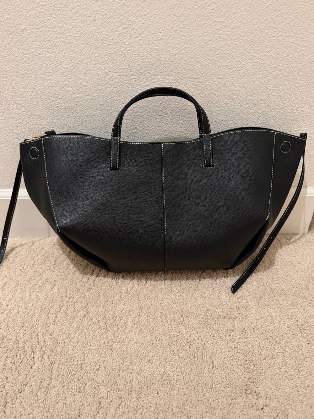 Anthropologie Black Tote with Contrast White Stitching